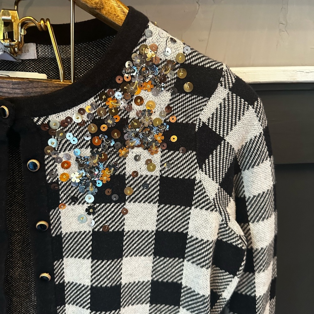 Charter Club Colorful Sequin Gingham‎ Buffalo Plaid Button Down Cardigan Size PL - Picture 4 of 11